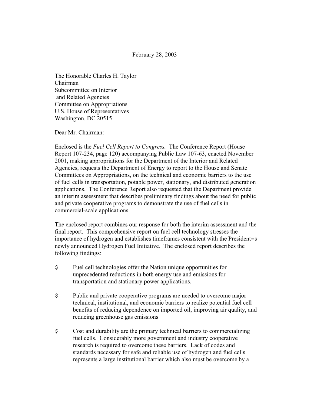 Fuel Cell Report to the Congress