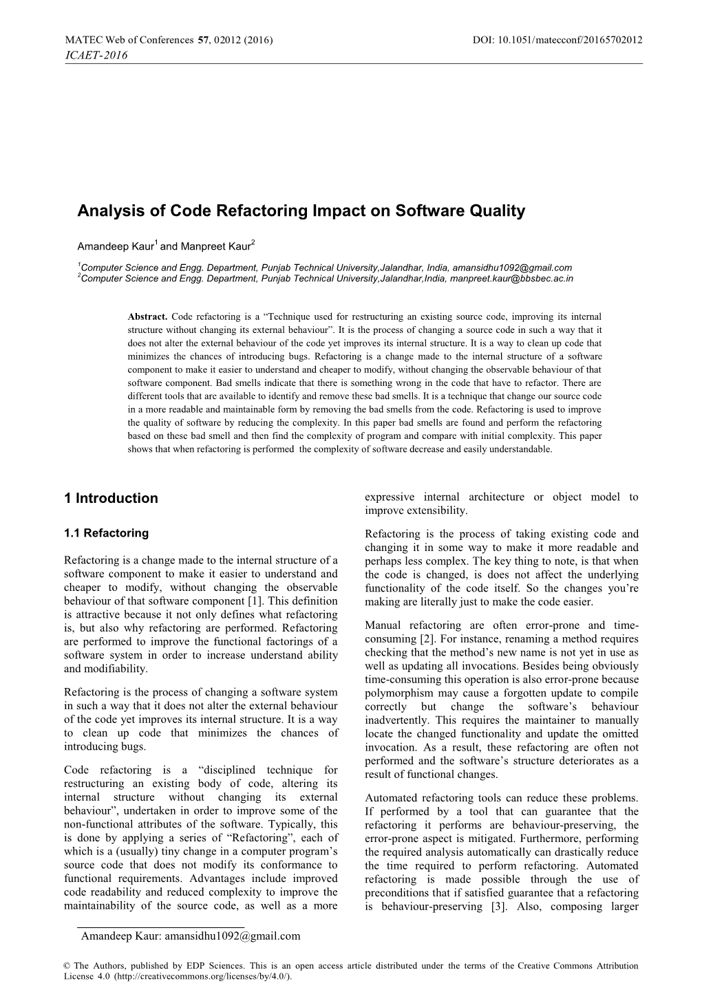 Analysis of Code Refactoring Impact on Software Quality