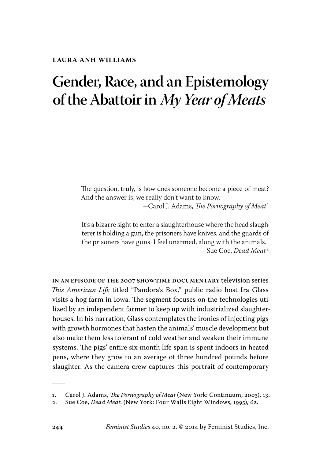 Gender, Race, and an Epistemology of the Abattoir in "My Year of Meats"