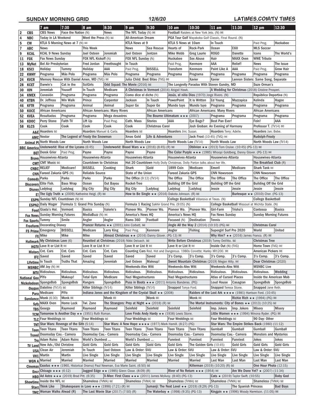 Sunday Morning Grid 12/6/20 Latimes.Com/Tv Times