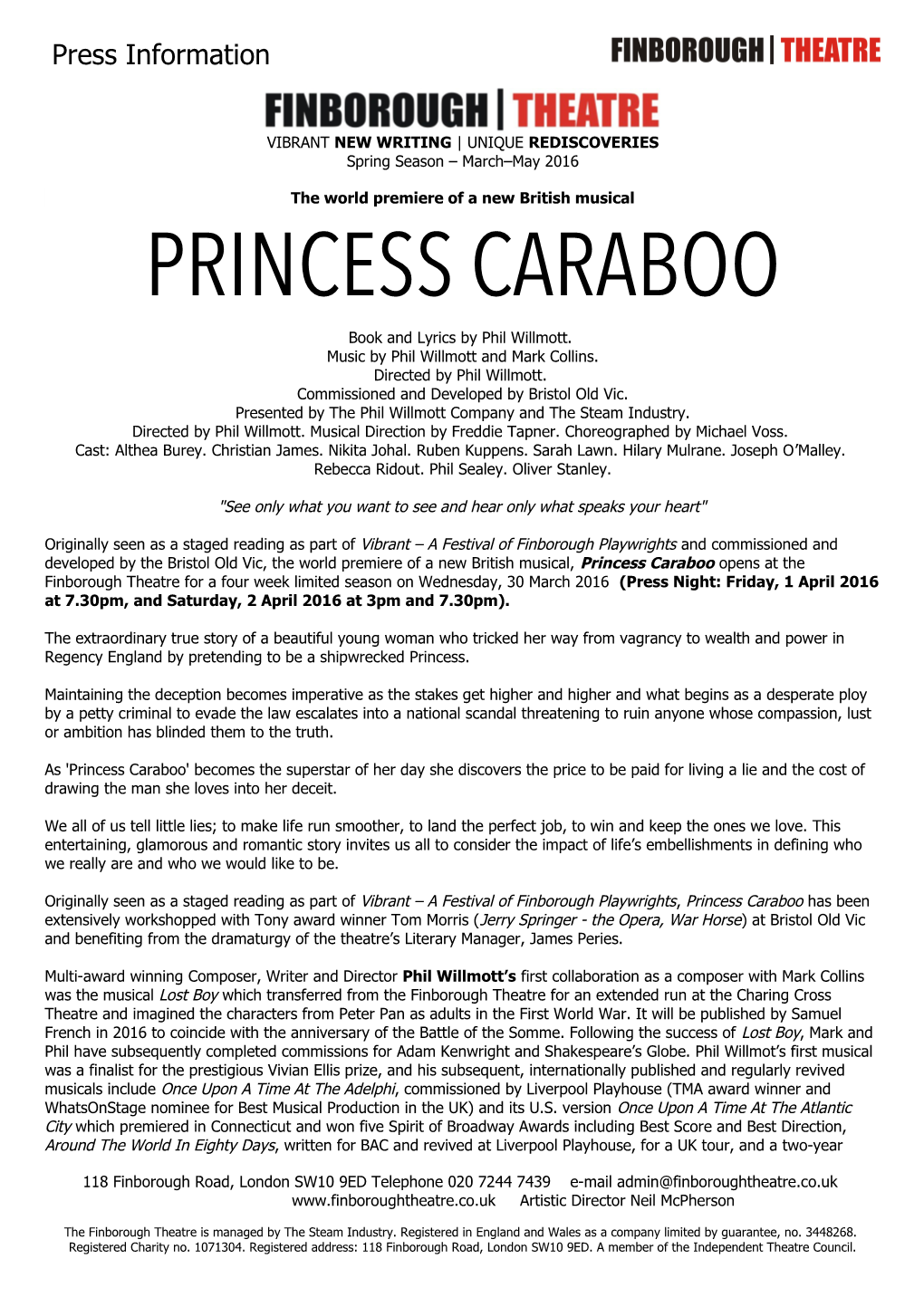 PRINCESS CARABOO Book and Lyrics by Phil Willmott