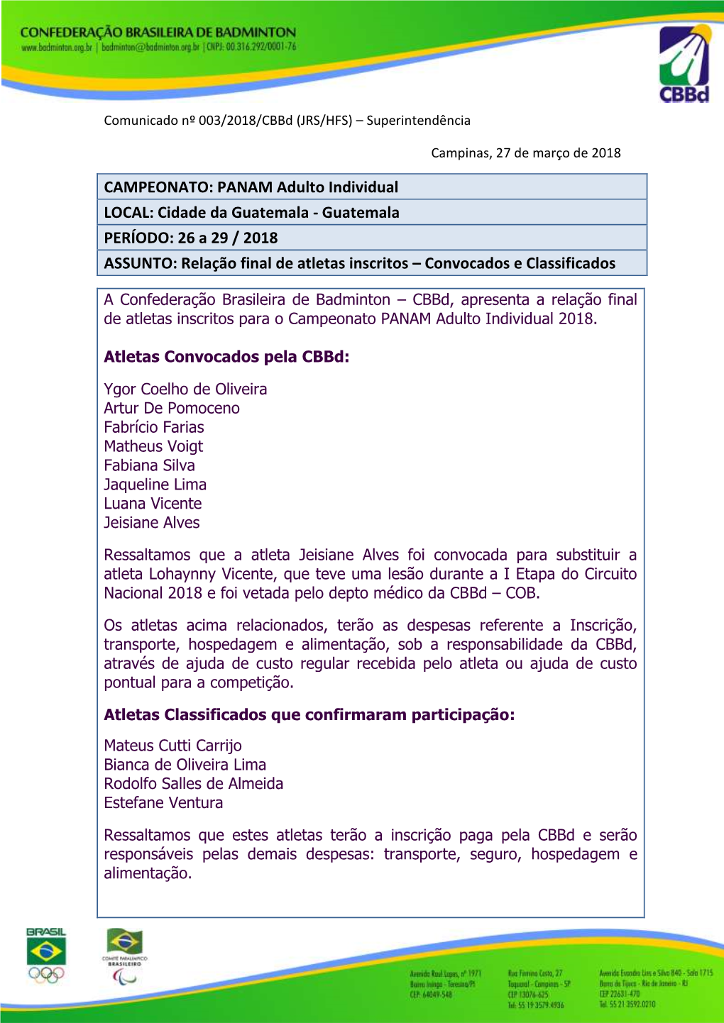 CAMPEONATO: PANAM Adulto Individual LOCAL: Cidade Da