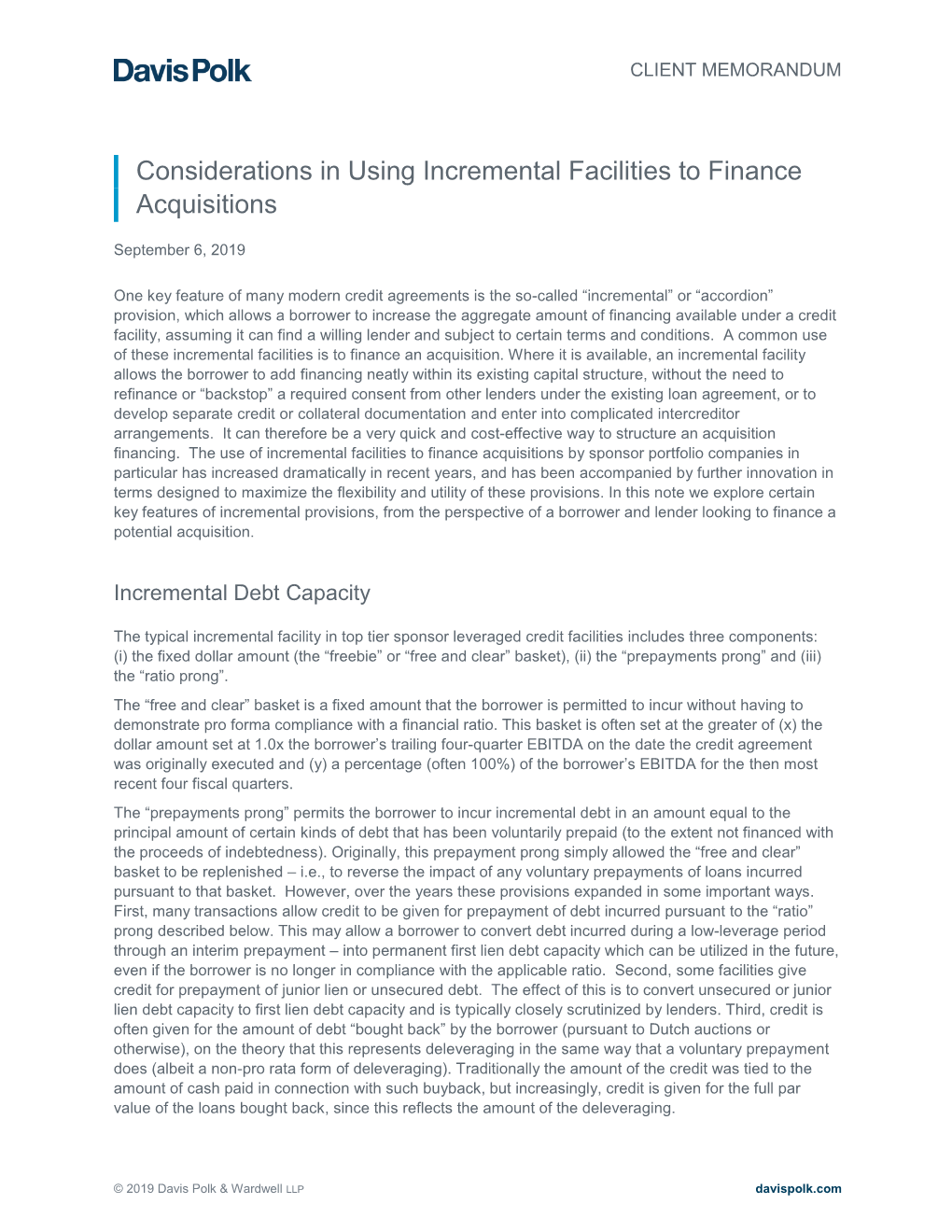 Considerations in Using Incremental Facilities to Finance Acquisitions