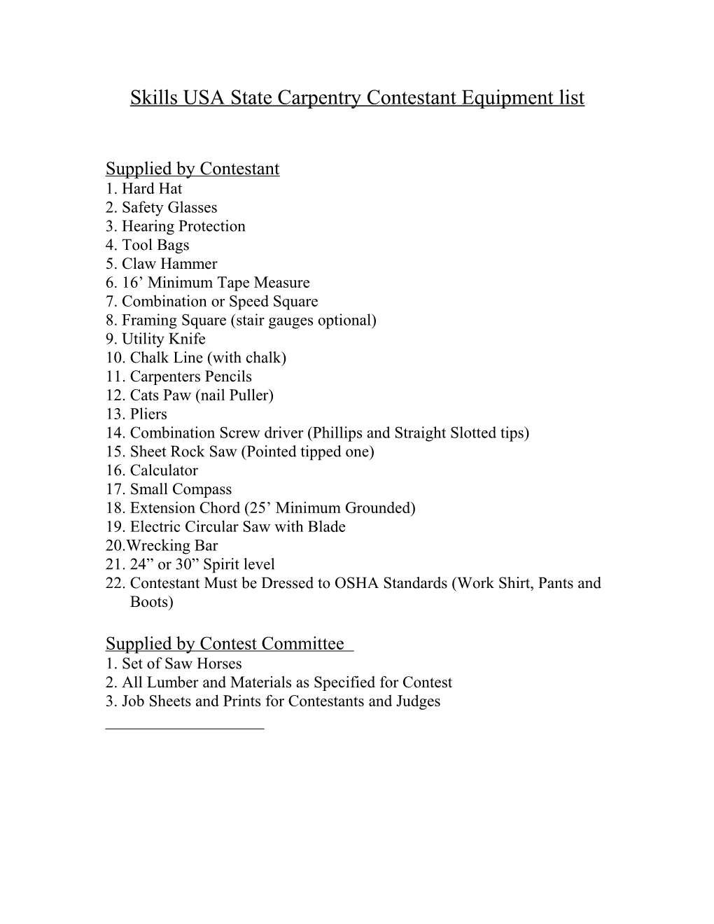 Skills USA State Competition Contestant Equipment List