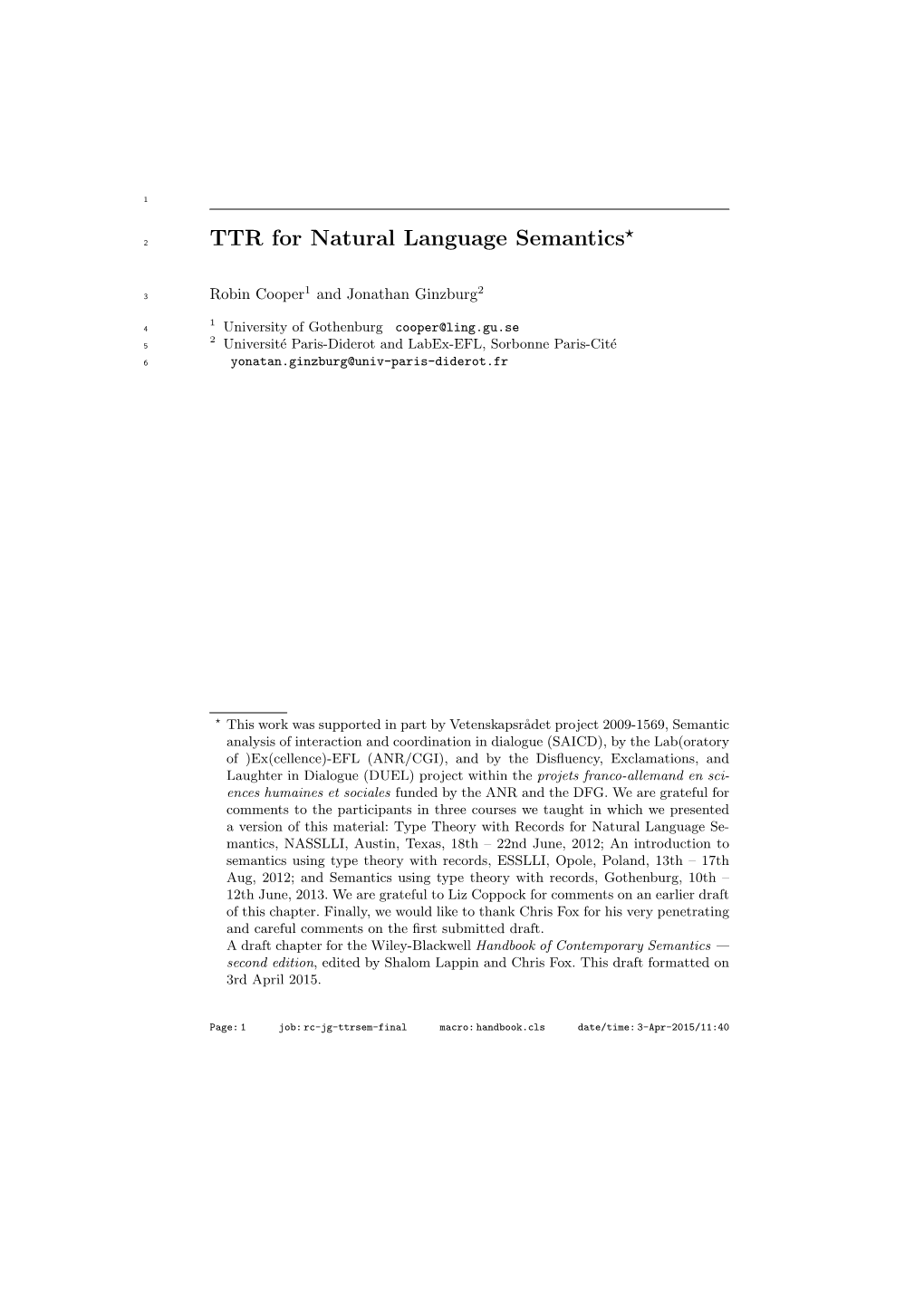 TTR for Natural Language Semantics