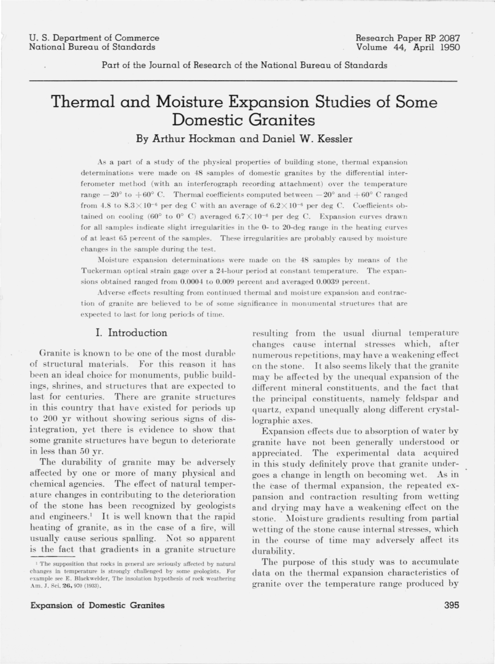 Thermal and Moisture Expansion Studies of Some Domestic Granites by Arthur Hockman and Daniel W