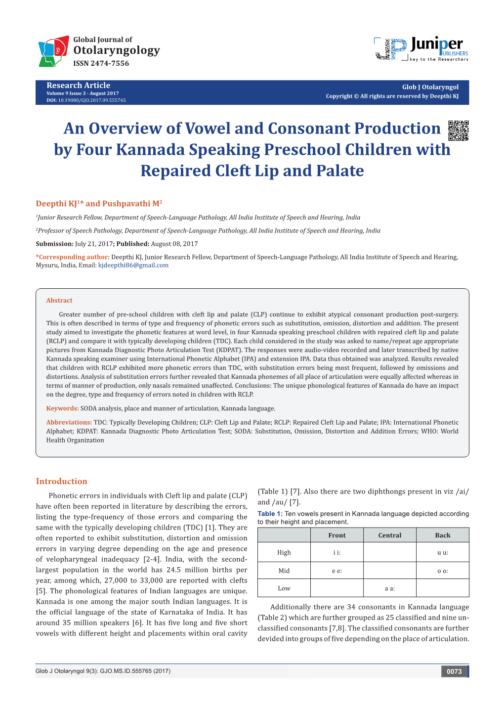 An Overview of Vowel and Consonant Production by Four Kannada Speaking Preschool Children with Repaired Cleft Lip and Palate