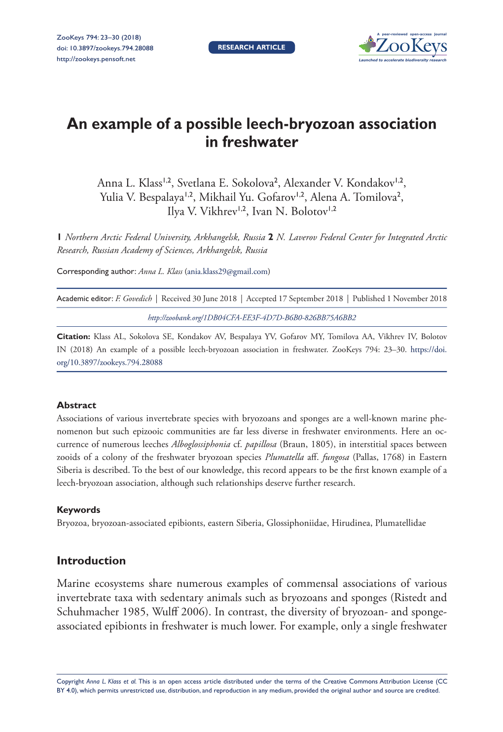 An Example of a Possible Leech-Bryozoan Association in Freshwater