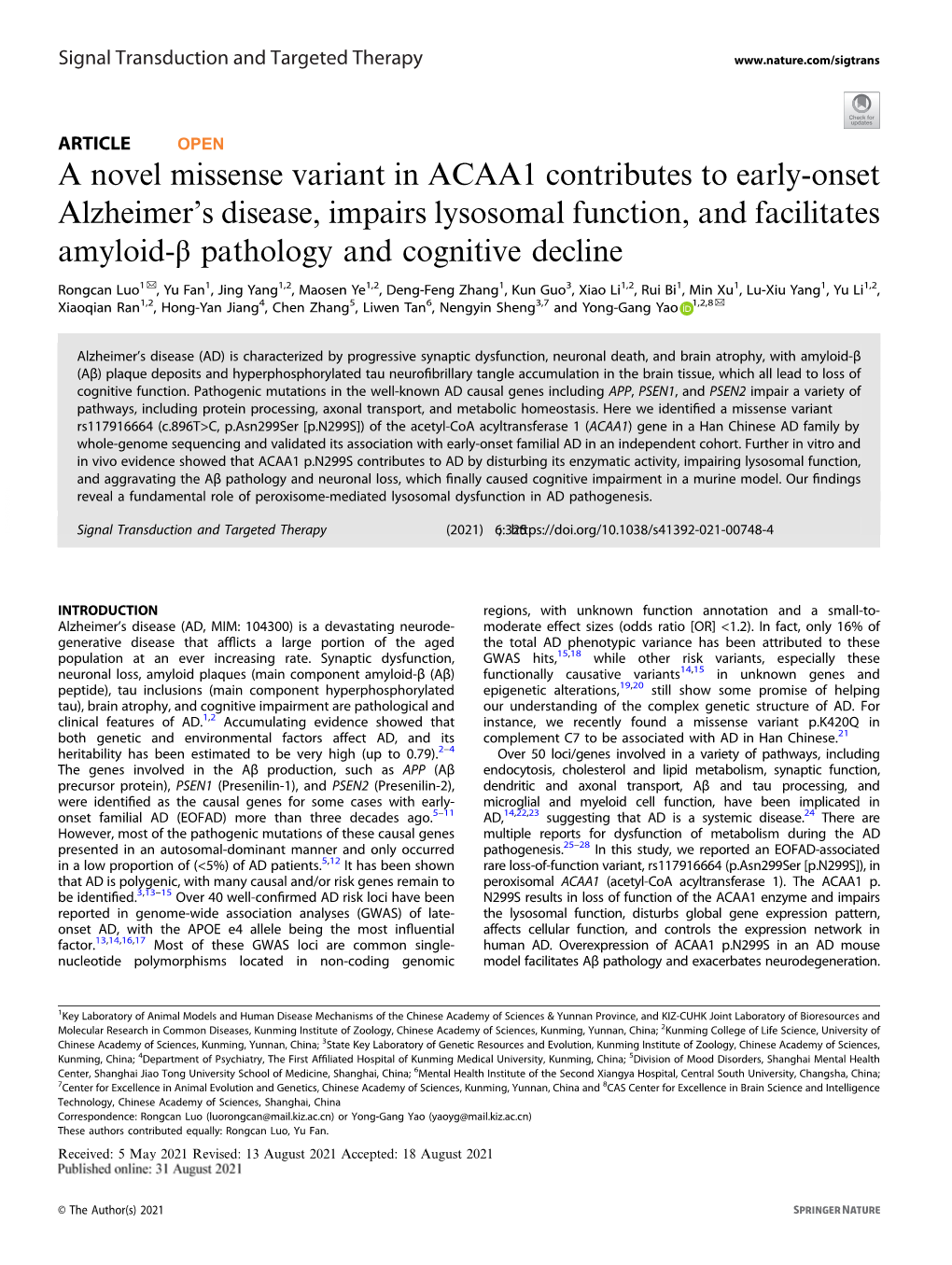 A Novel Missense Variant in ACAA1 Contributes to Early-Onset