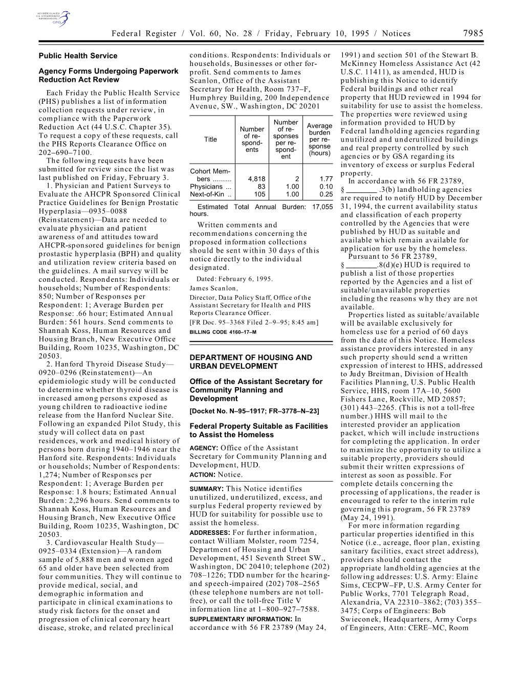 Federal Register / Vol. 60, No. 28 / Friday, February 10, 1995 / Notices 7985