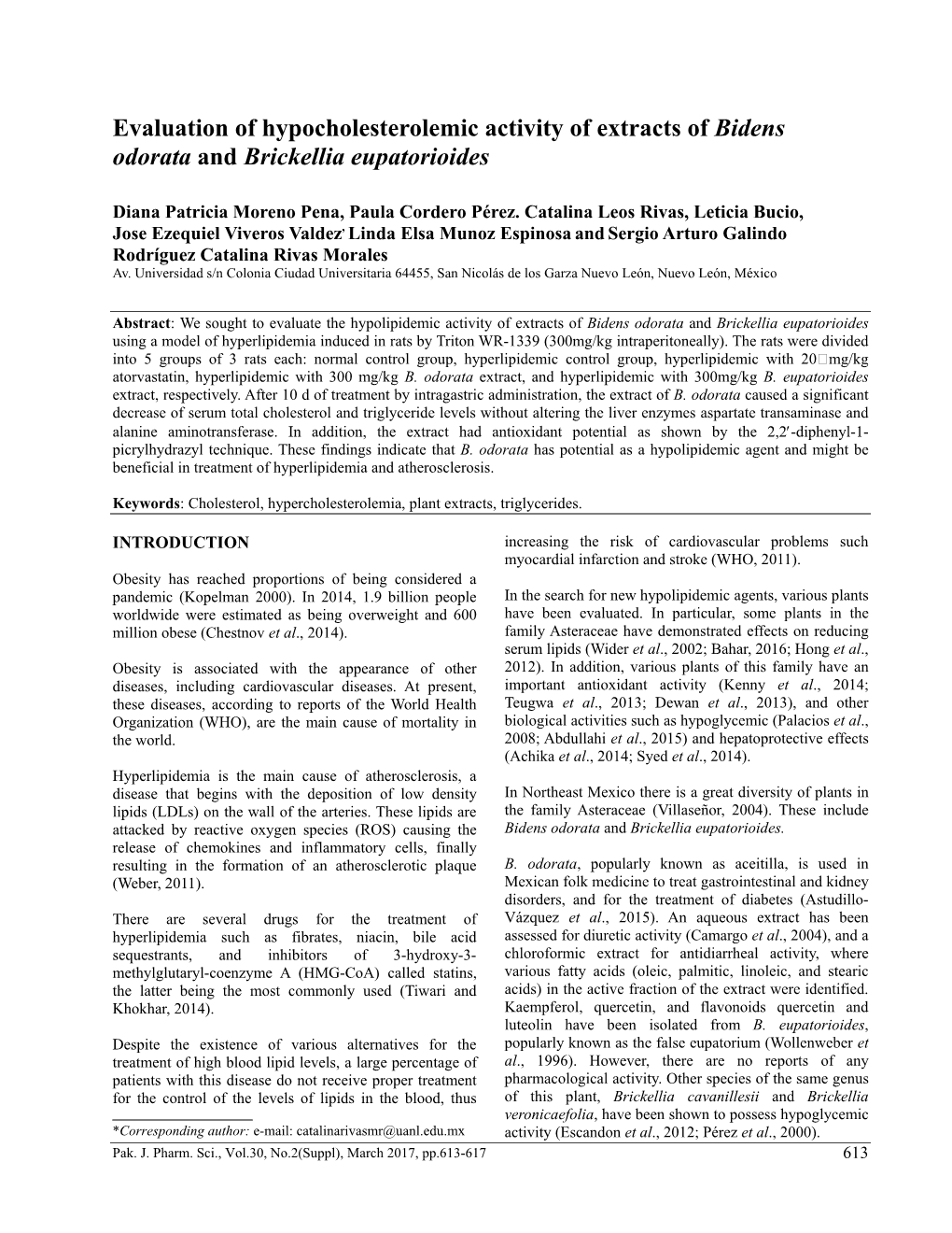 Evaluation of Hypocholesterolemic Activity of Extracts of Bidens Odorata and Brickellia Eupatorioides