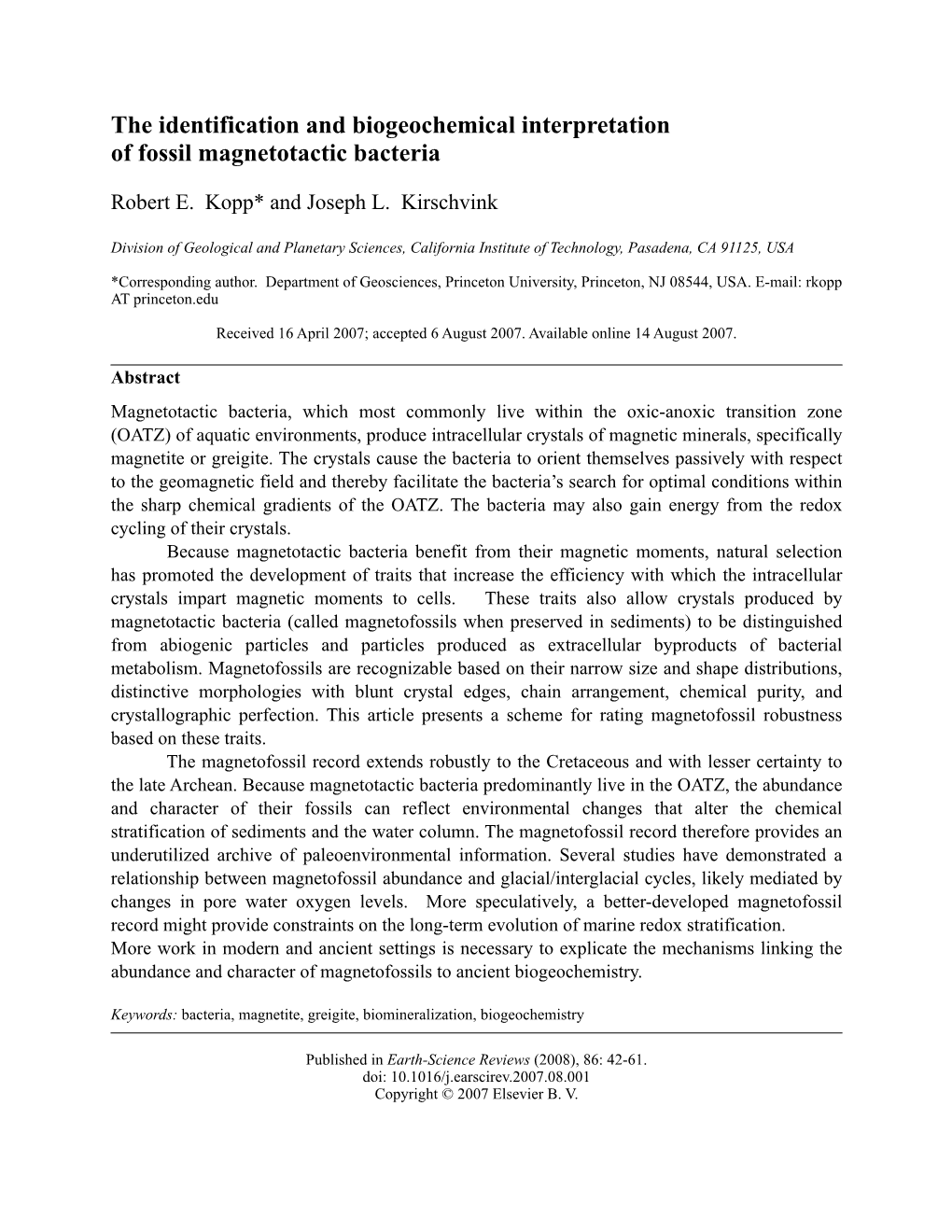 The Identification and Biogeochemical Interpretation of Fossil Magnetotactic Bacteria