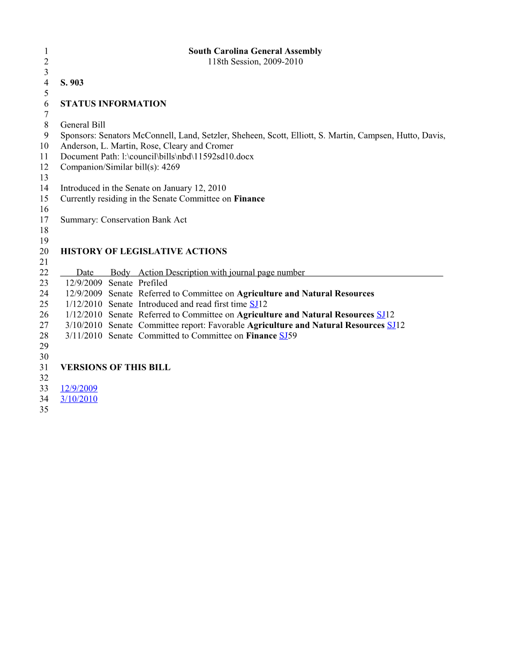 2009-2010 Bill 903: Conservation Bank Act - South Carolina Legislature Online