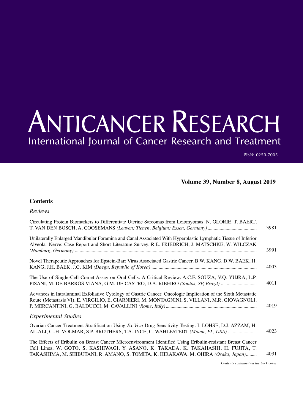 ANTICANCER RESEARCH International Journal of Cancer Research and Treatment