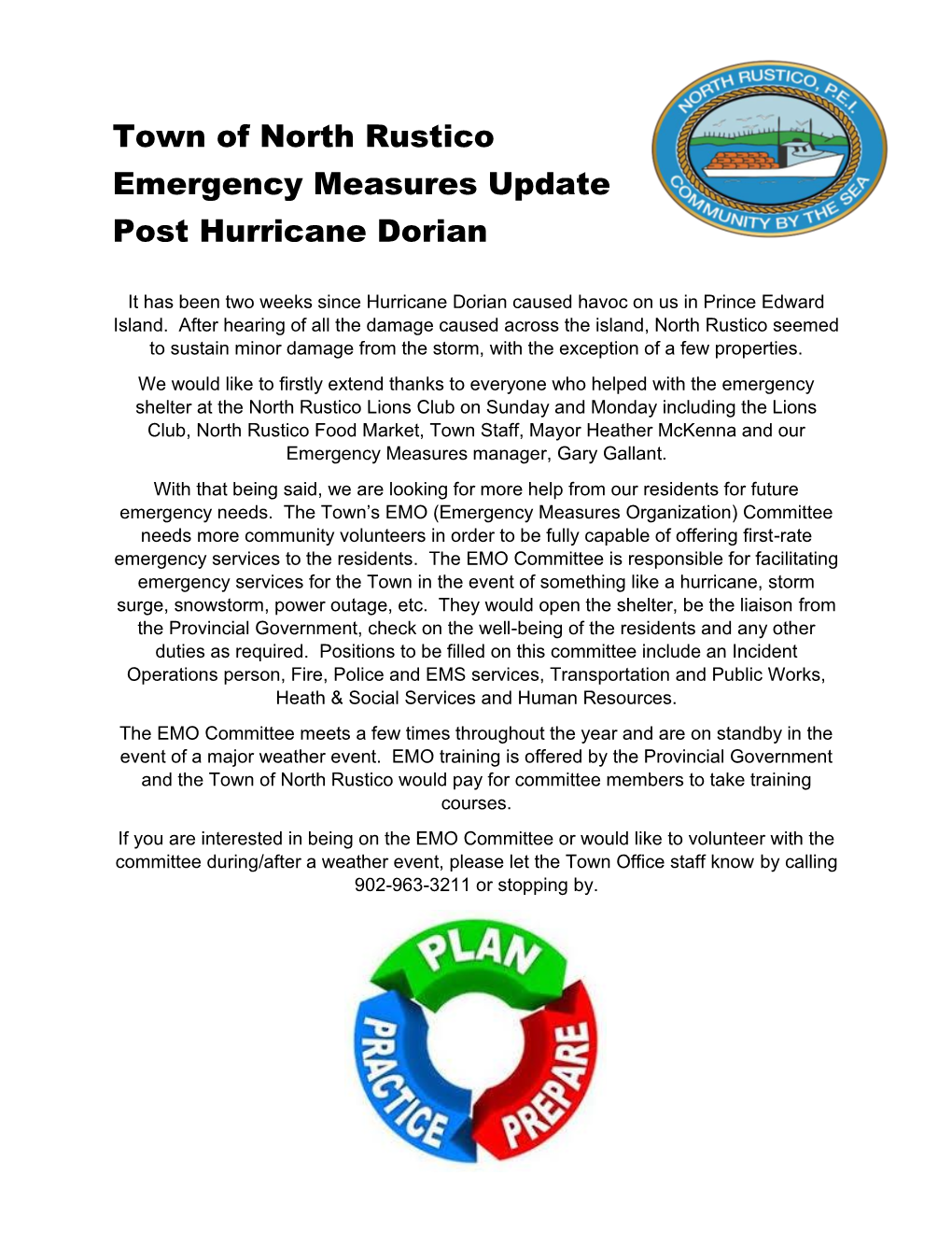 Town of North Rustico Emergency Measures Update Post Hurricane Dorian