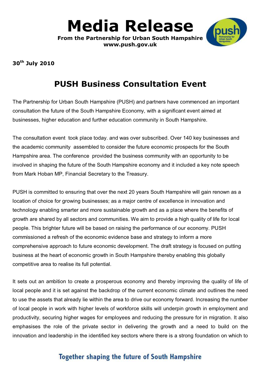 Media Release from the Partnership for Urban South Hampshire