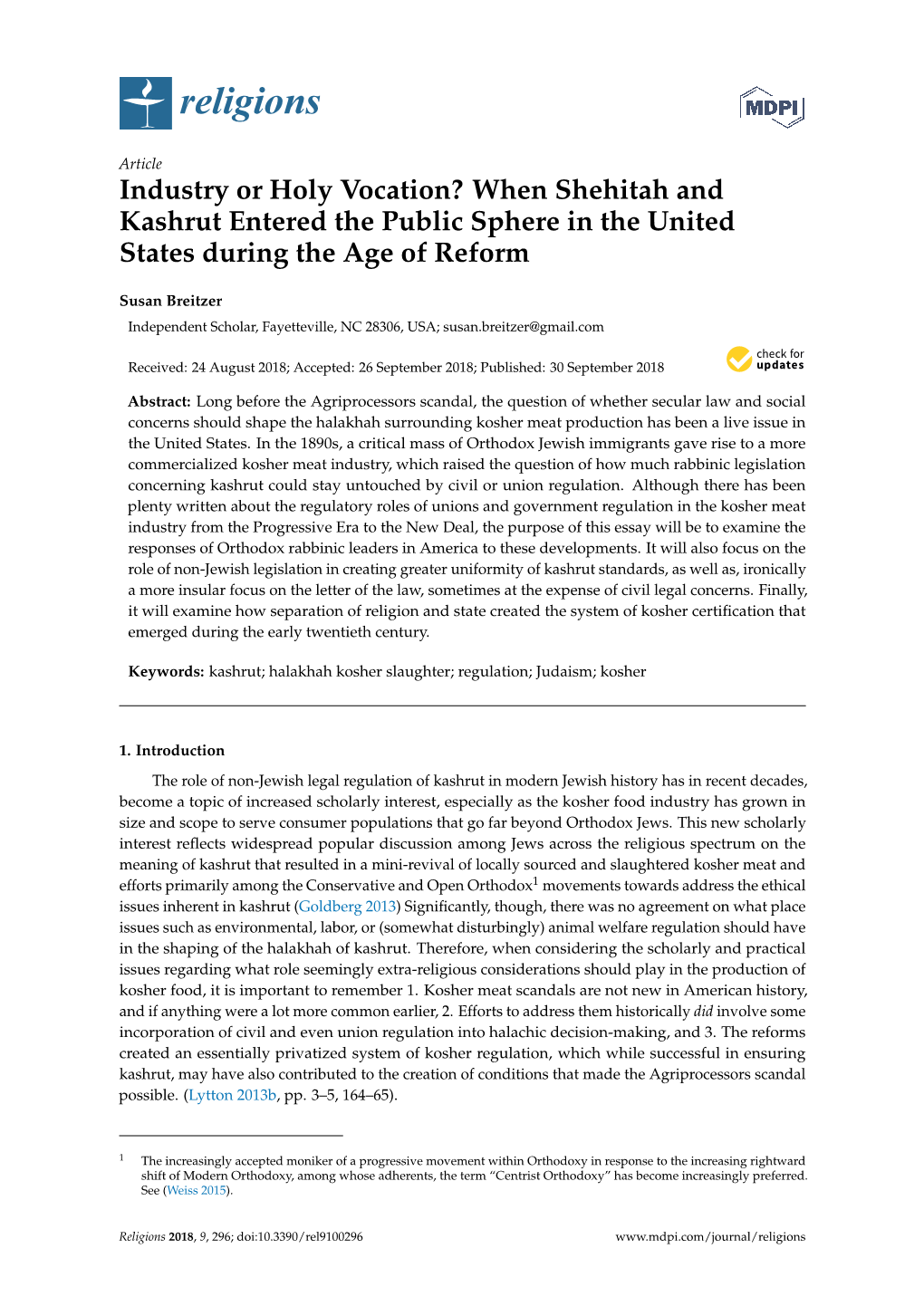 Industry Or Holy Vocation? When Shehitah and Kashrut Entered the Public Sphere in the United States During the Age of Reform