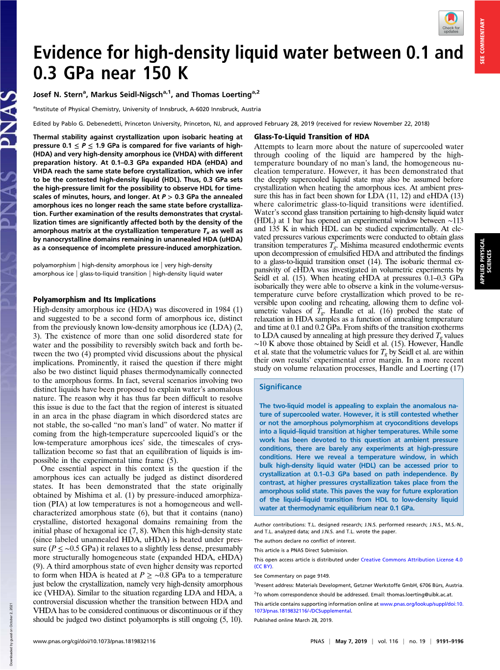 Evidence for High-Density Liquid Water Between 0.1 and 0.3 Gpa Near 150 K