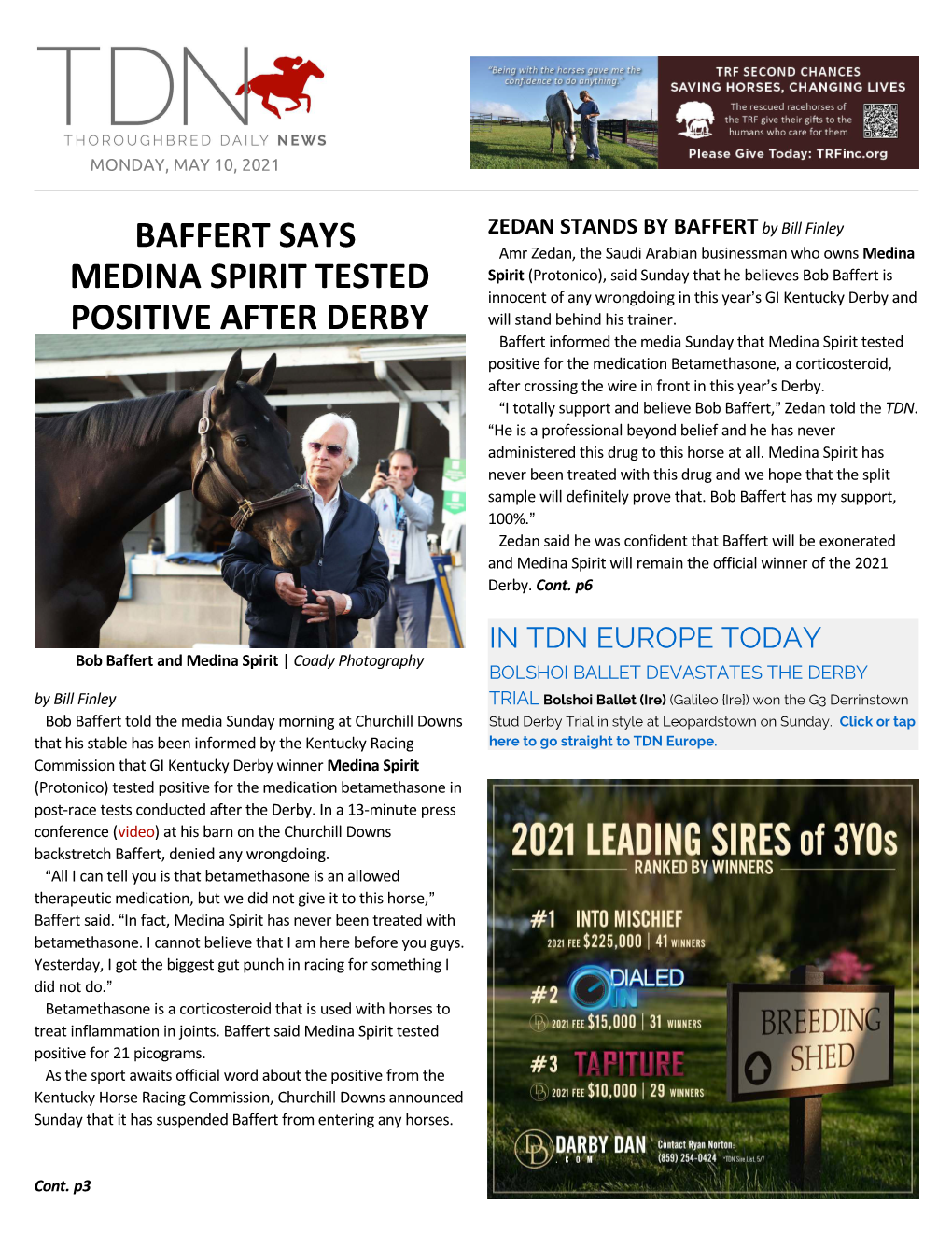 Baffert Says Medina Spirit Tested Positive After Derby