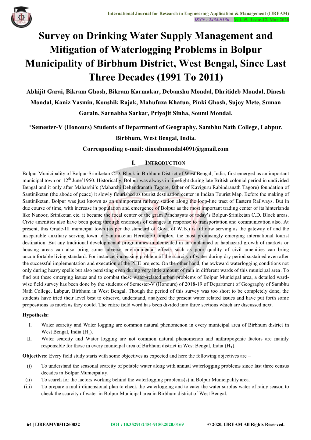 Survey on Drinking Water Supply Management and Mitigation of Waterlogging Problems in Bolpur Municipality of Birbhum District, W