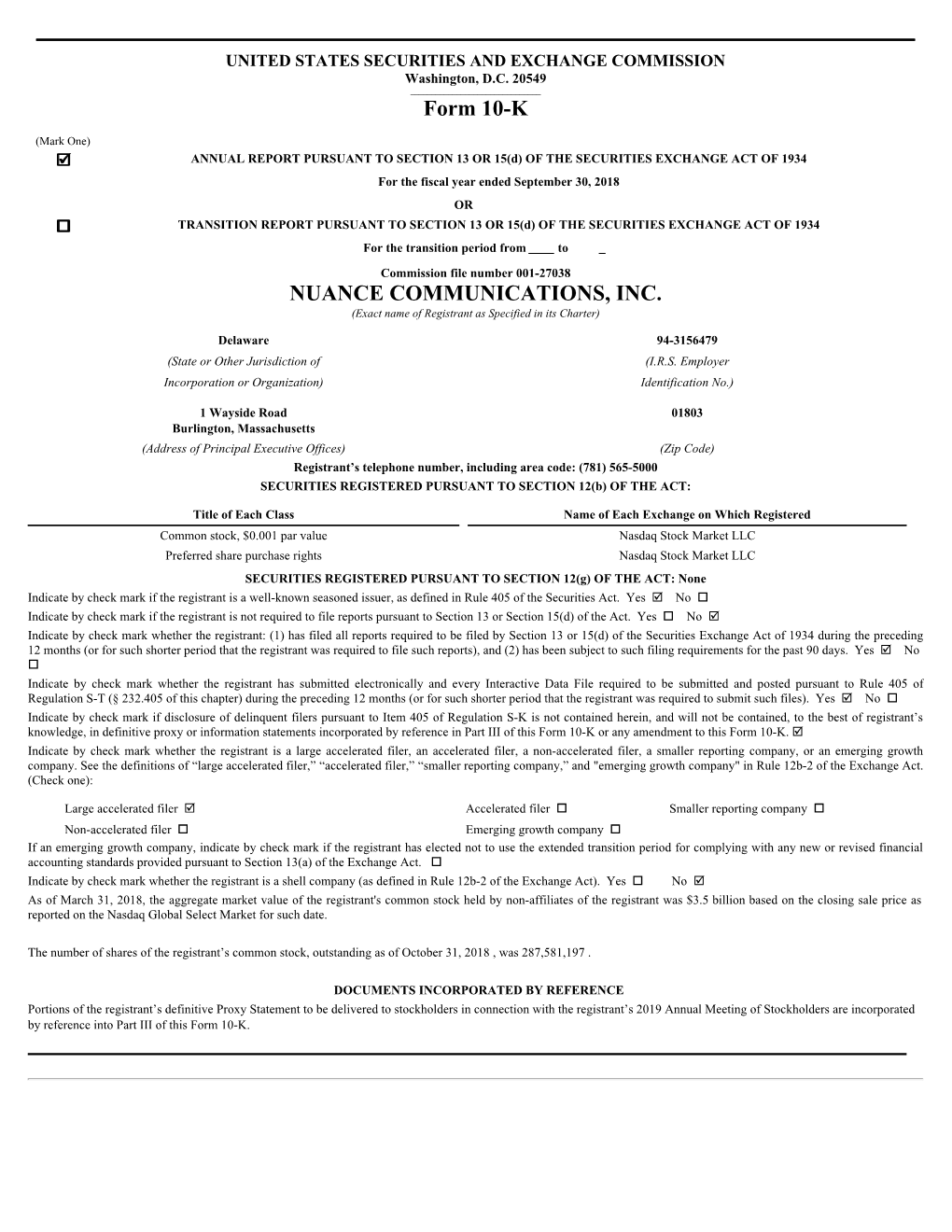 Form 10-K NUANCE COMMUNICATIONS, INC