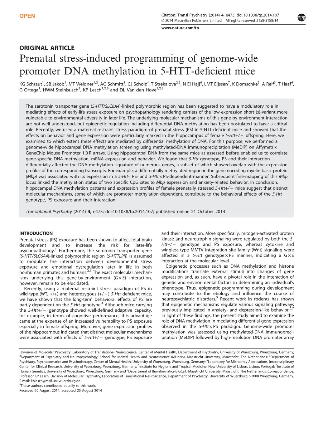 Prenatal Stress-Induced Programming of Genome-Wide Promoter DNA Methylation in 5-HTT-Deﬁcient Mice