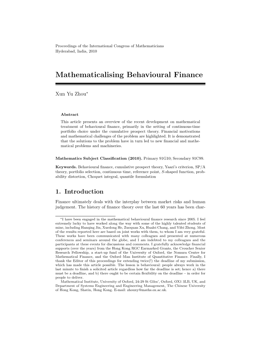 Mathematicalising Behavioural Finance