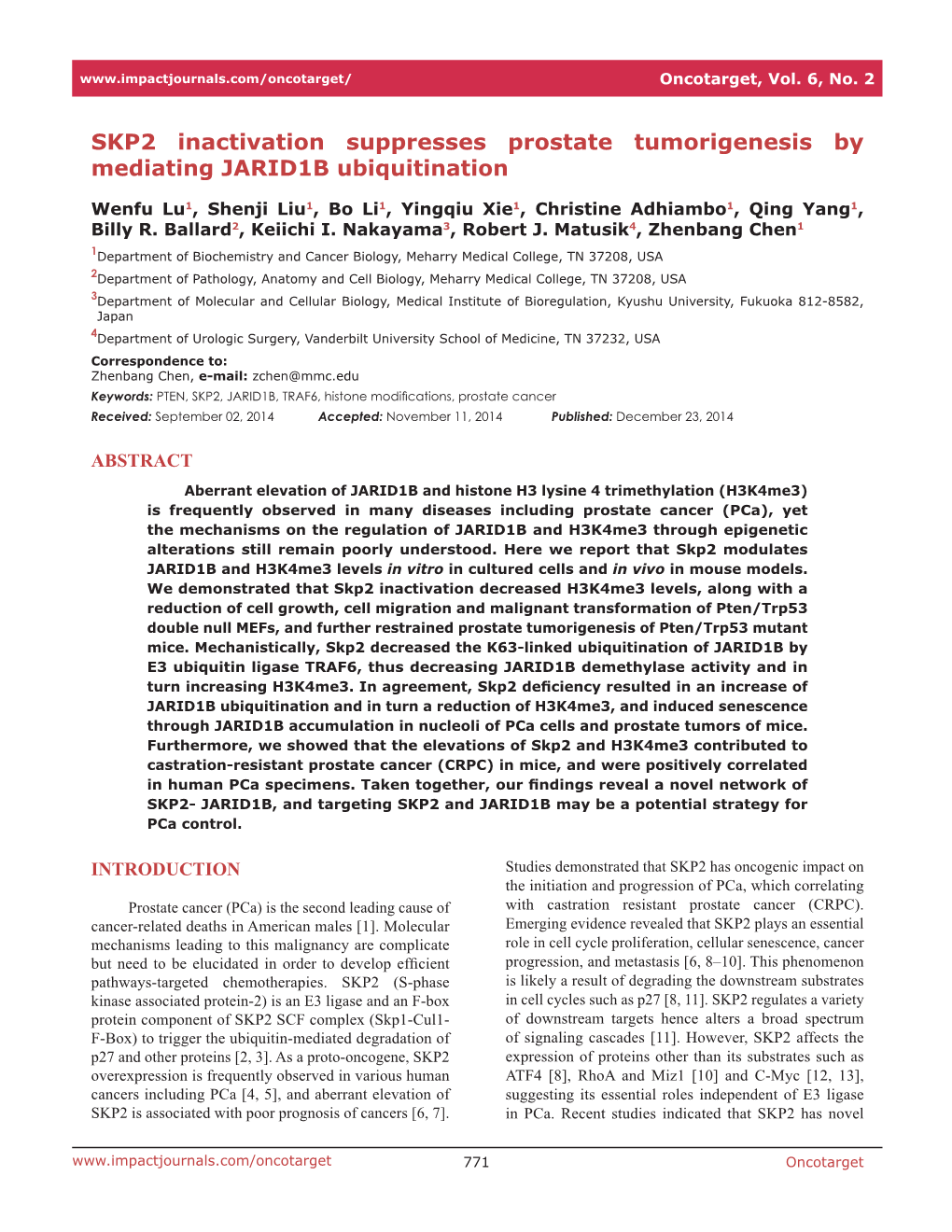 SKP2 Inactivation Suppresses Prostate Tumorigenesis by Mediating JARID1B Ubiquitination