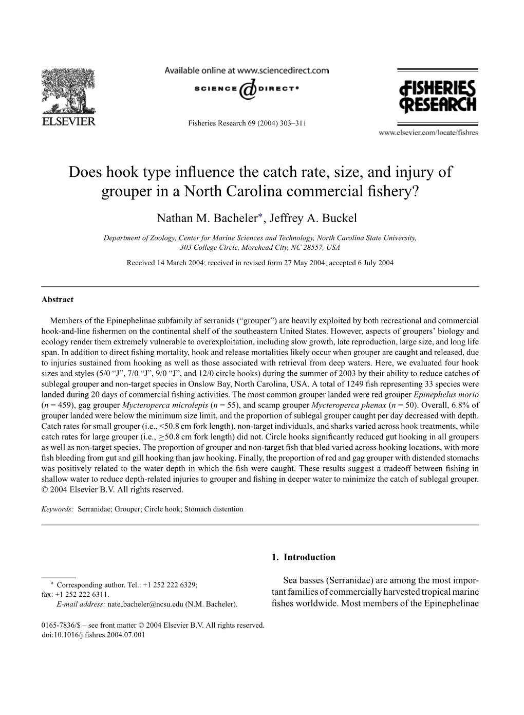 Does Hook Type Influence the Catch Rate, Size, and Injury of Grouper in a North Carolina Commercial Fishery?