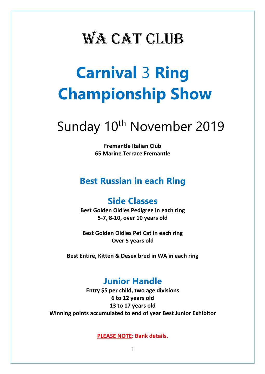 WA Cat Club Carnival 3 Ring Championship Show