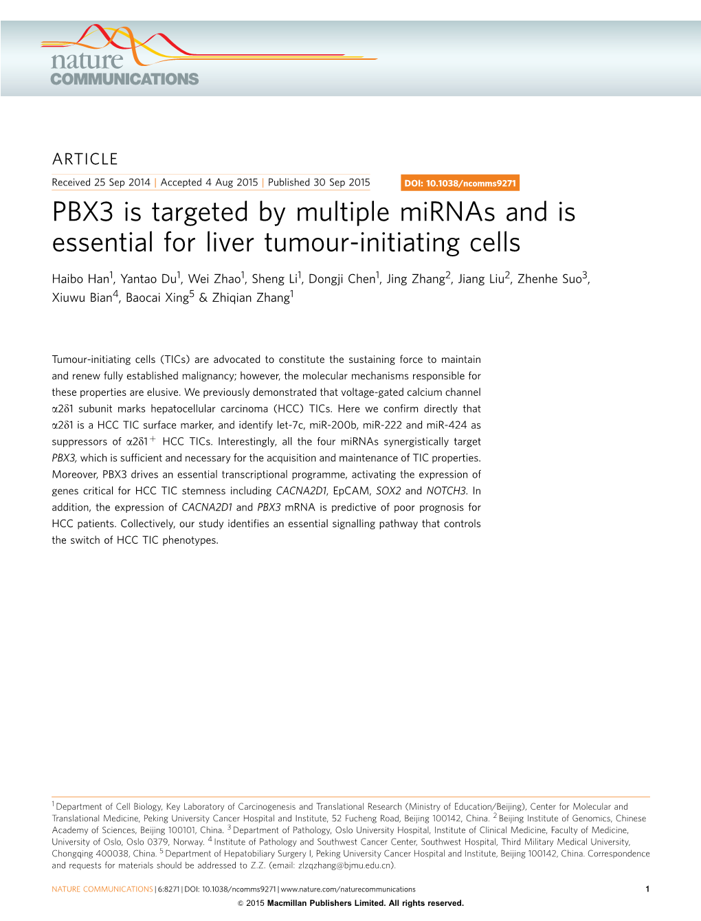 PBX3 Is Targeted by Multiple Mirnas and Is Essential for Liver Tumour-Initiating Cells