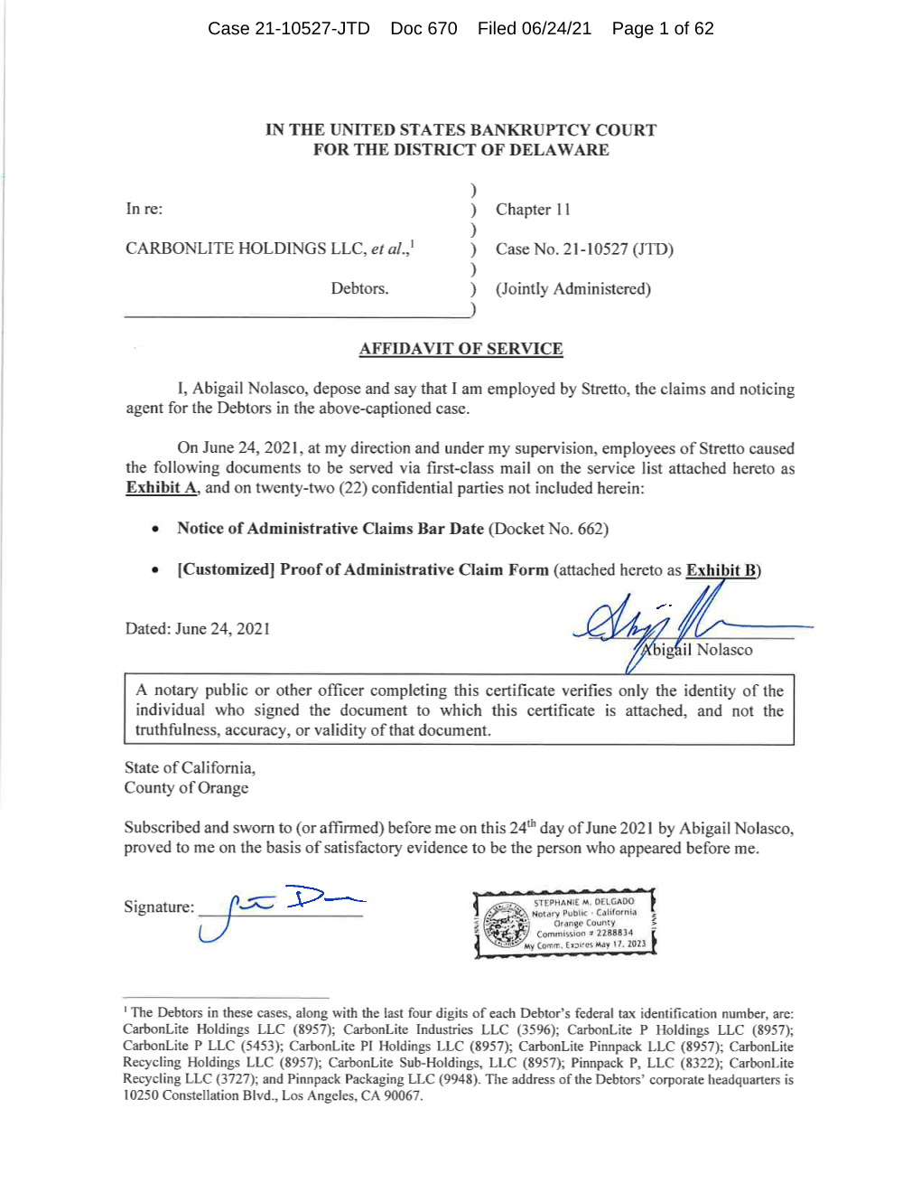 Case 21-10527-JTD Doc 670 Filed 06/24/21 Page 1 of 62 Case 21-10527-JTD Doc 670 Filed 06/24/21 Page 2 of 62