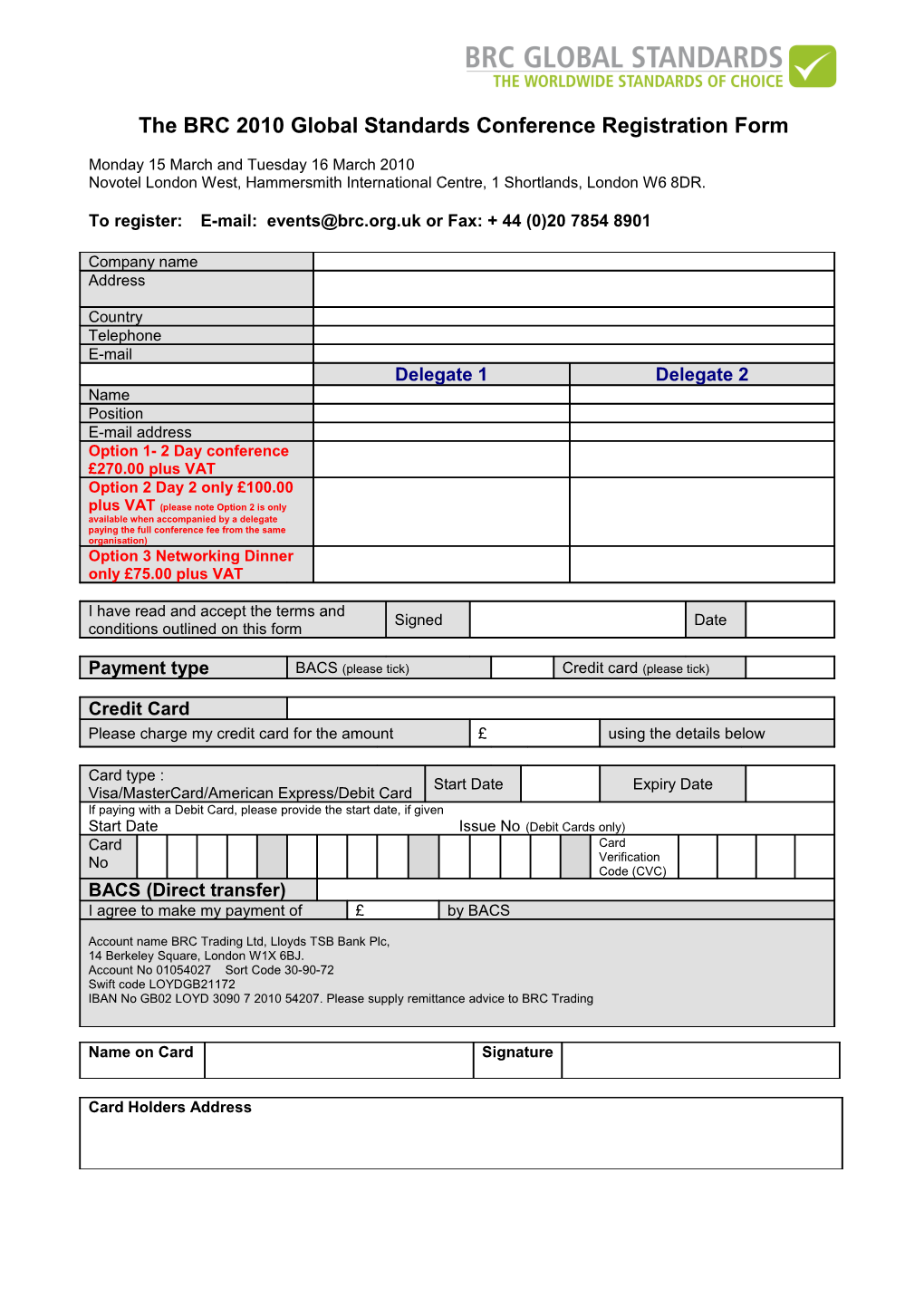 The BRC 2010 Global Standards Conference Registration Form