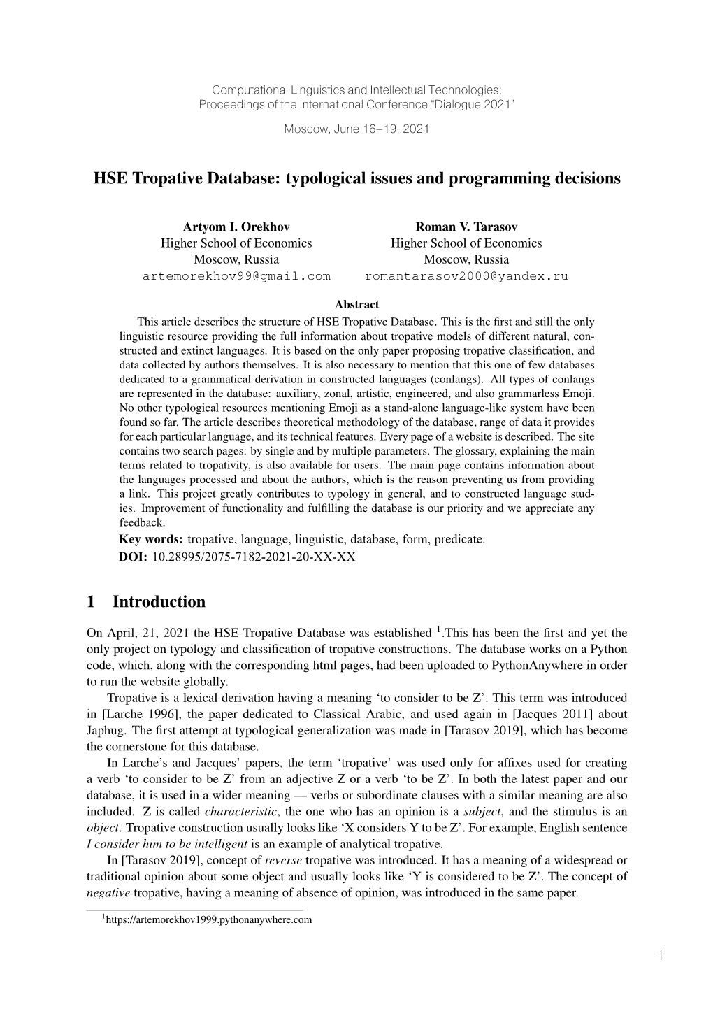 HSE Tropative Database: Typological Issues and Programming Decisions
