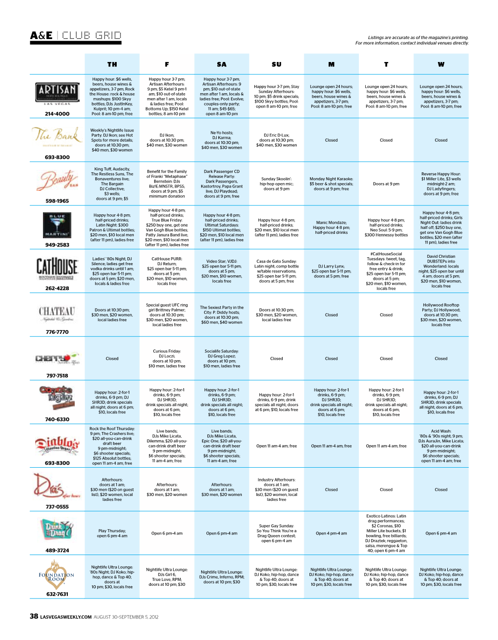 Club Grid Listings Are Accurate As of the Magazine’S Printing