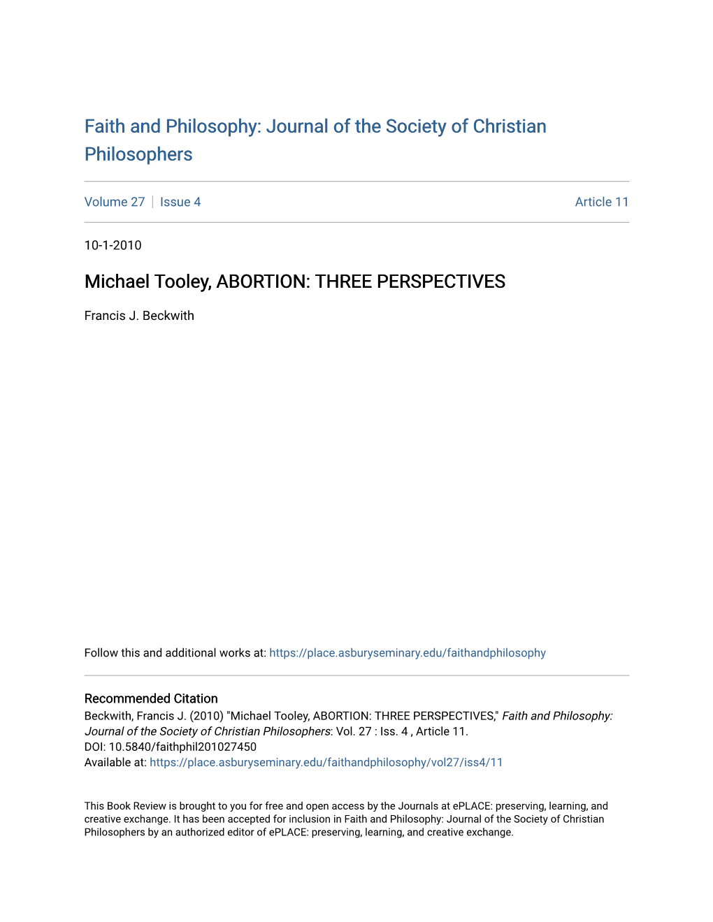 Michael Tooley, ABORTION: THREE PERSPECTIVES