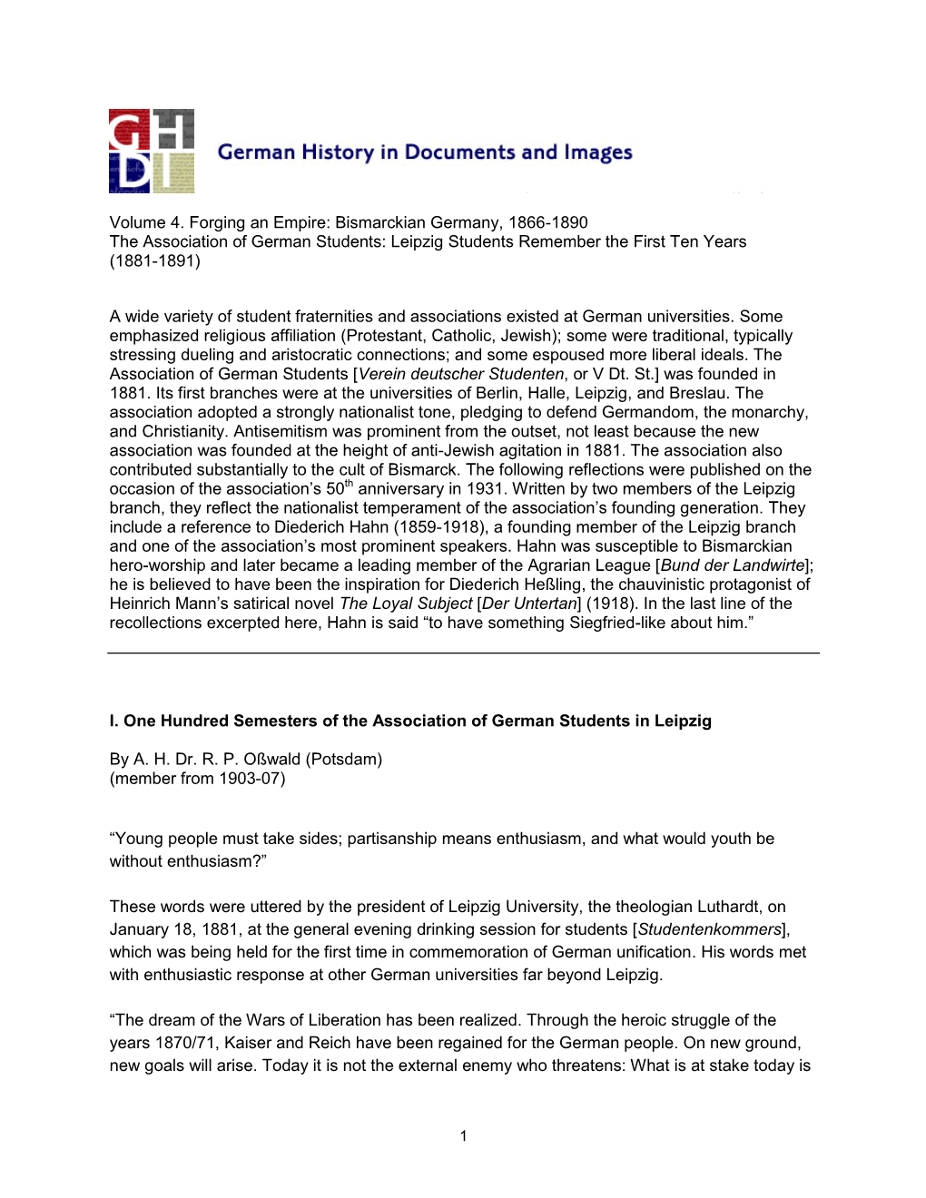 Volume 4. Forging an Empire: Bismarckian Germany, 1866-1890 the Association of German Students: Leipzig Students Remember the First Ten Years (1881-1891)