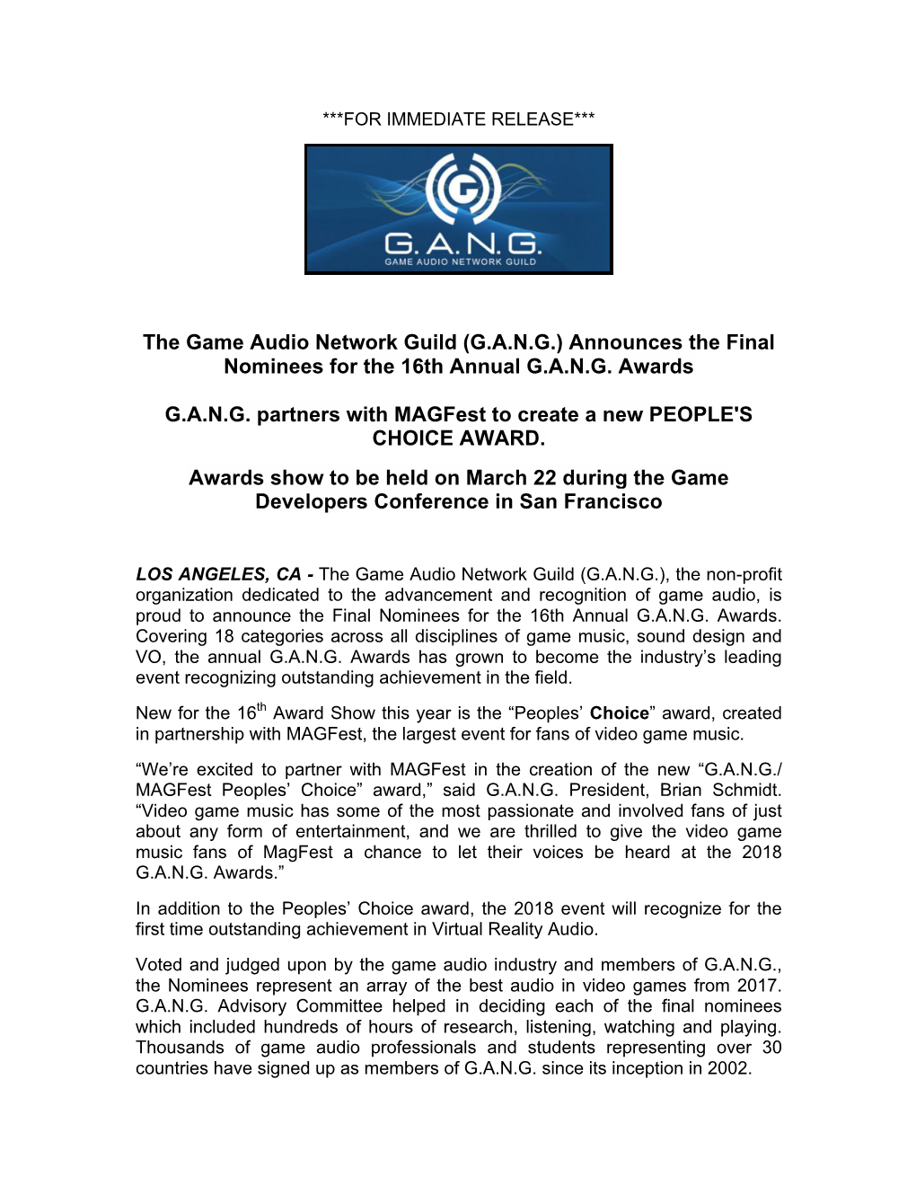 The Game Audio Network Guild (G.A.N.G.) Announces the Final Nominees for the 16Th Annual G.A.N.G