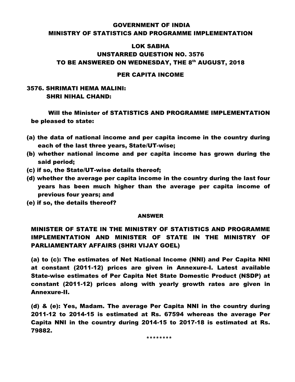 Government of India Ministry of Statistics and Programme Implementation