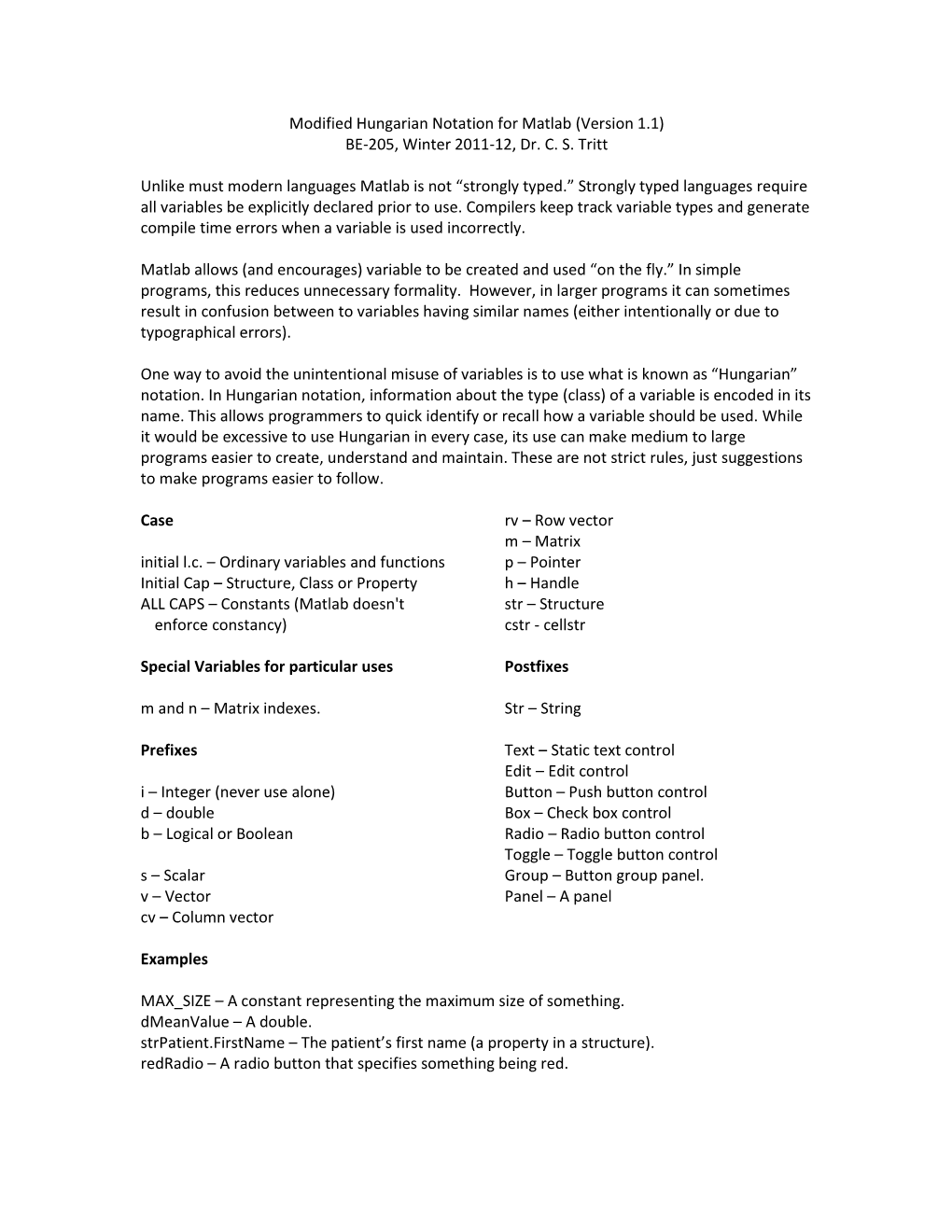 Modified Hungarian Notation for Matlab (Version 1.1) BE-205, Winter 2011-12, Dr