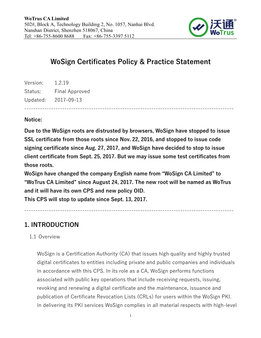 Wosign Certificates Policy & Practice Statement