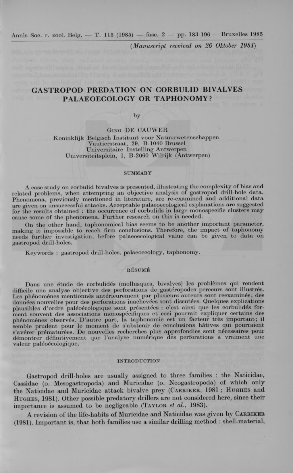 Gastropod Predation on Corbulid Bivalves Palaeoecology Or Taphonomy?