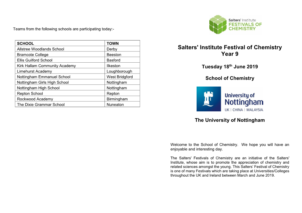 Salters' Institute Festival of Chemistry Year 9