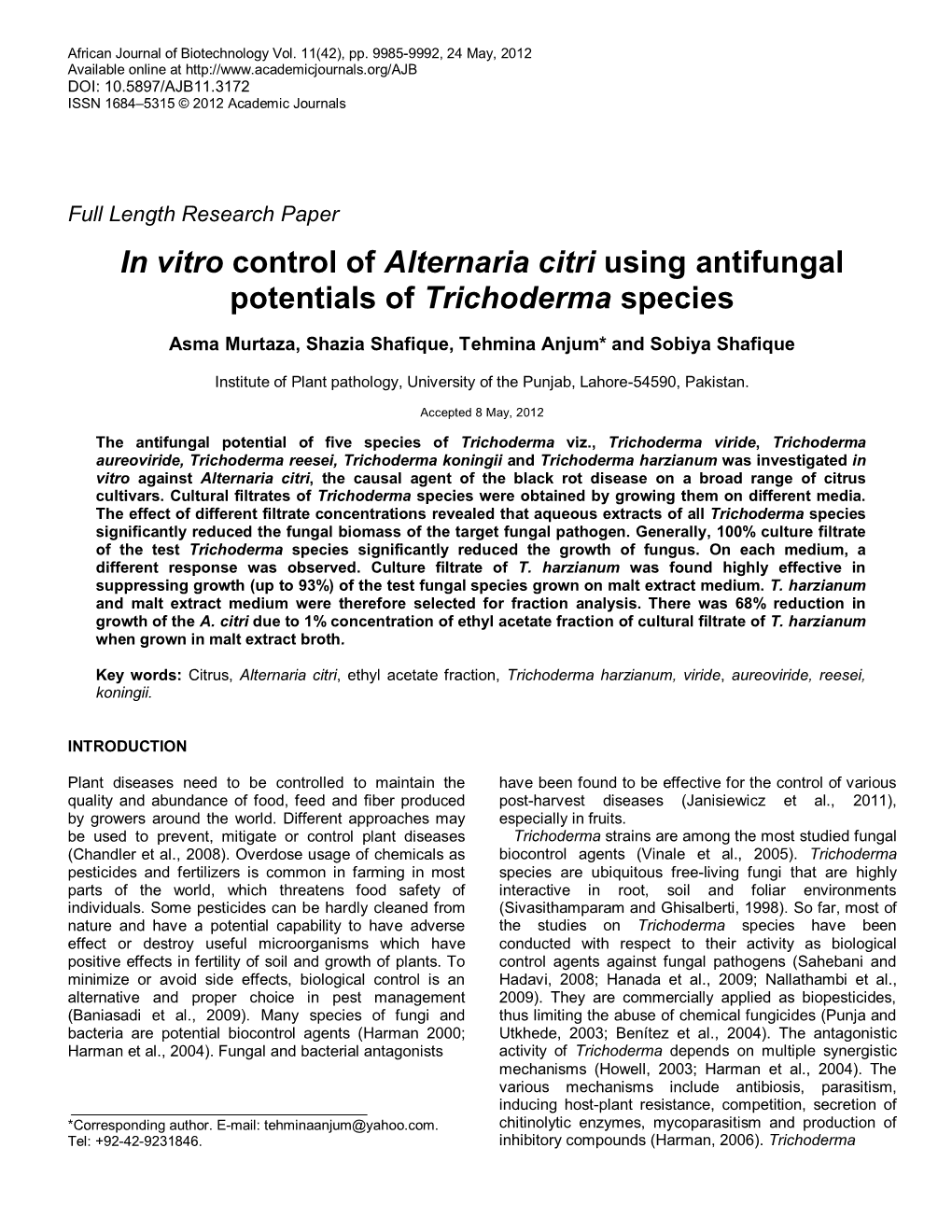 In Vitro Control of Alternaria Citri Using Antifungal Potentials of Trichoderma Species