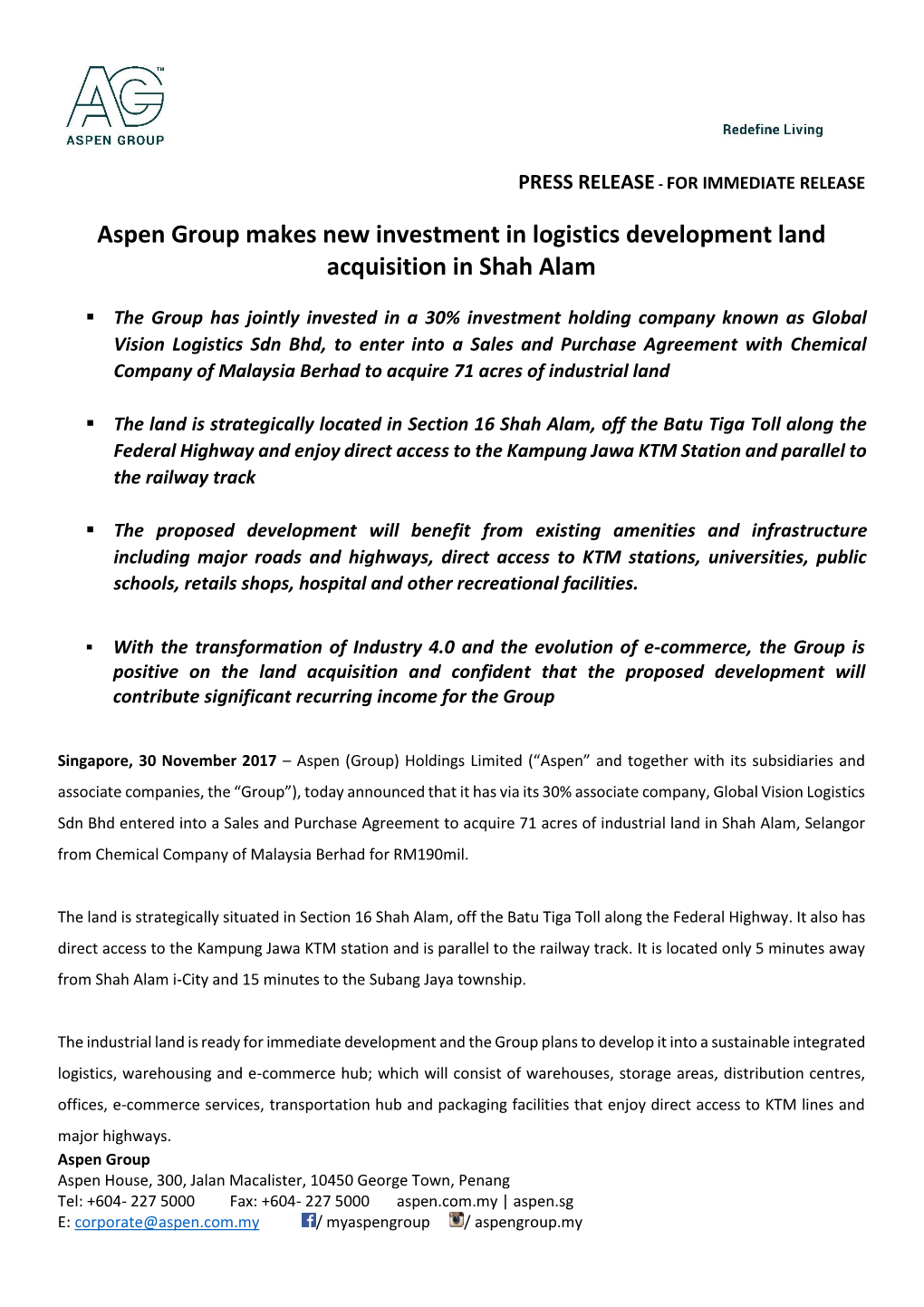 Aspen Group Makes New Investment in Logistics Development Land Acquisition in Shah Alam