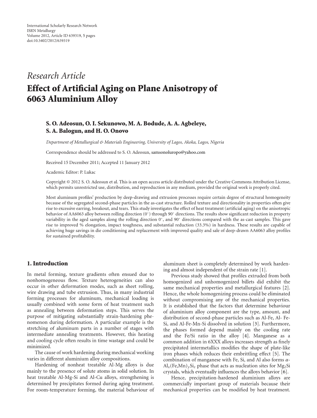 Effect of Artificial Aging on Plane Anisotropy of 6063 Aluminium Alloy