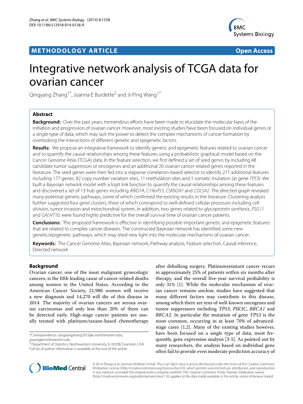 Integrative Network Analysis of TCGA Data for Ovarian Cancer Qingyang Zhang1*, Joanna E Burdette2 and Ji-Ping Wang1*