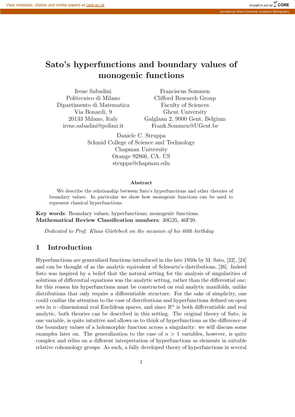 Sato's Hyperfunctions and Boundary Values of Monogenic Functions