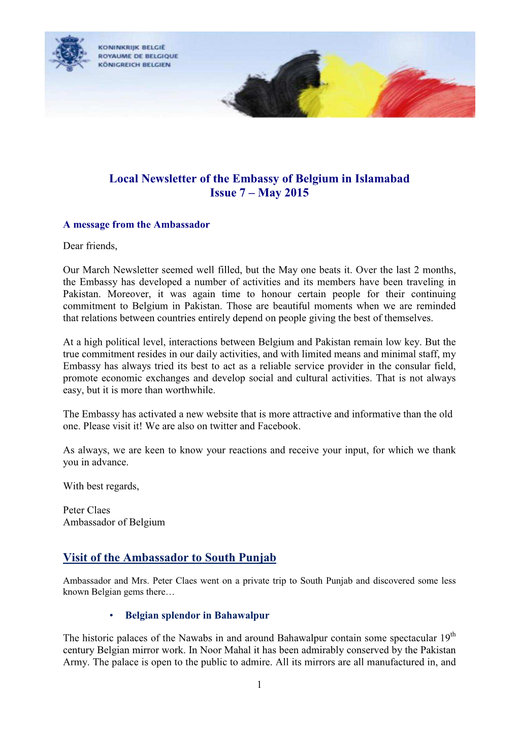 Issue N° 7-Local Newsletter Embassy of Belgium Islamabad May2015