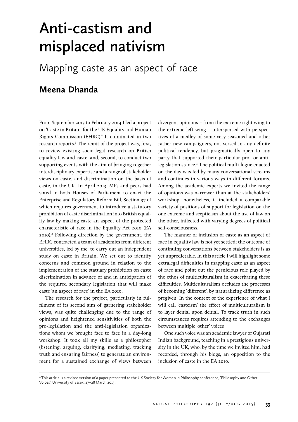 Anti-Castism and Misplaced Nativism Mapping Caste As an Aspect of Race